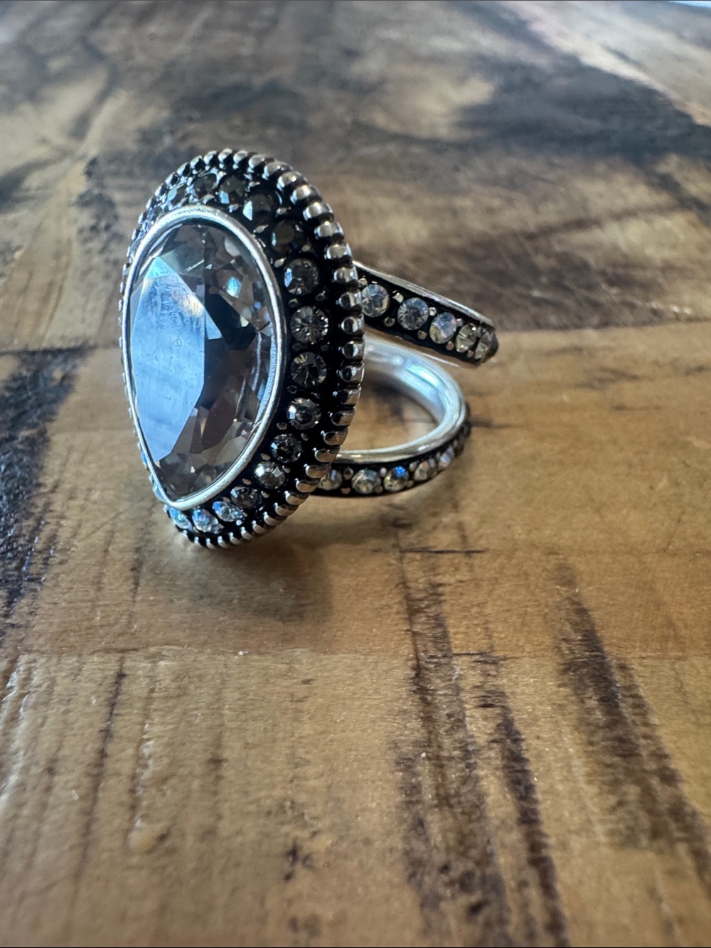 Brighton Silver Teardrop Ring with Gray Crystal size 7